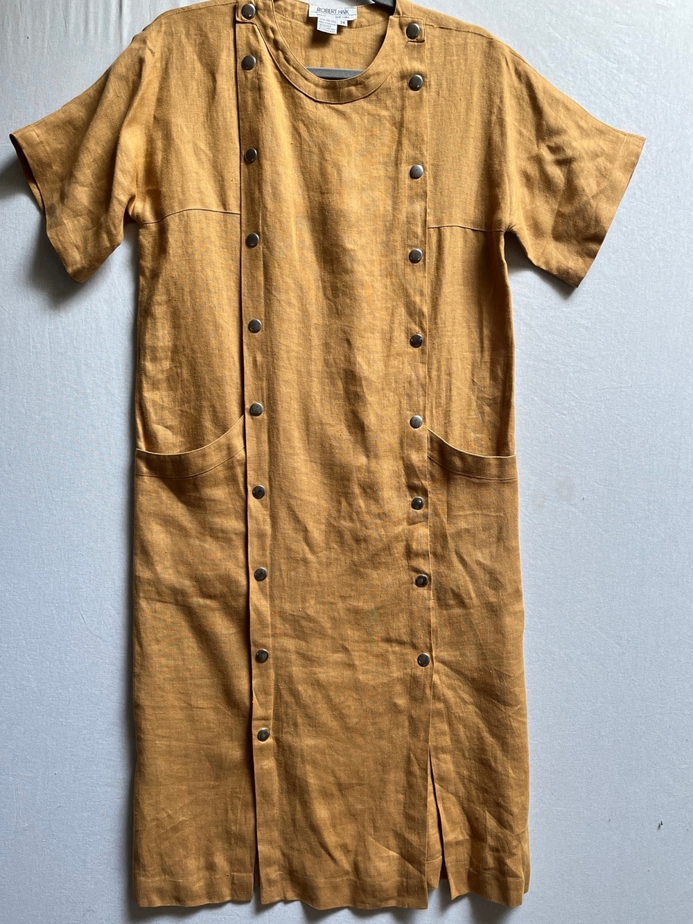 Vintage Robert Haik Mustard Yellow 100% Linen Snap Button-Accent Dress Size 4